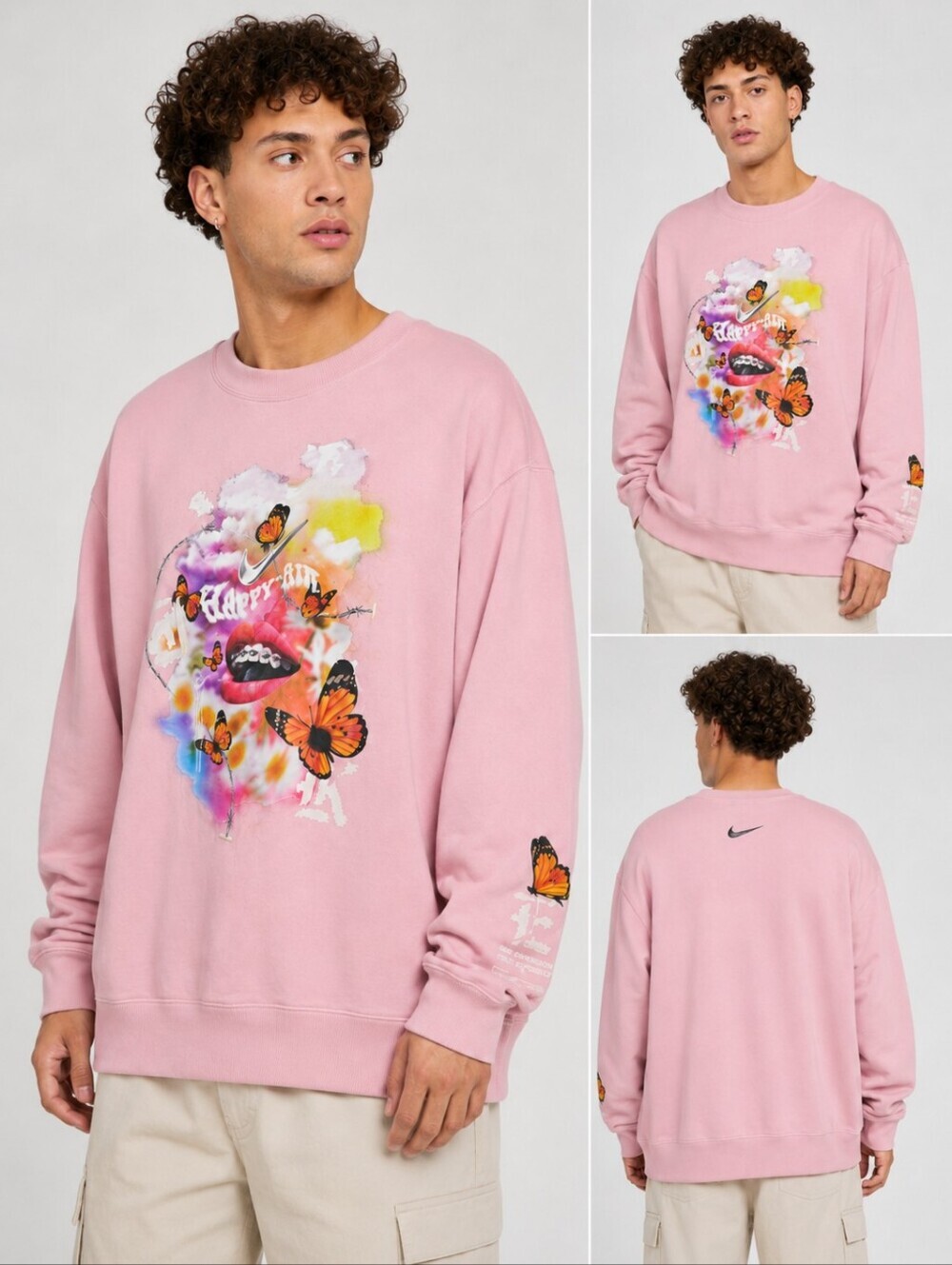 Nike Mens Sportswear Crew Sweater Happy Air Butterflies Pink Size XXL
